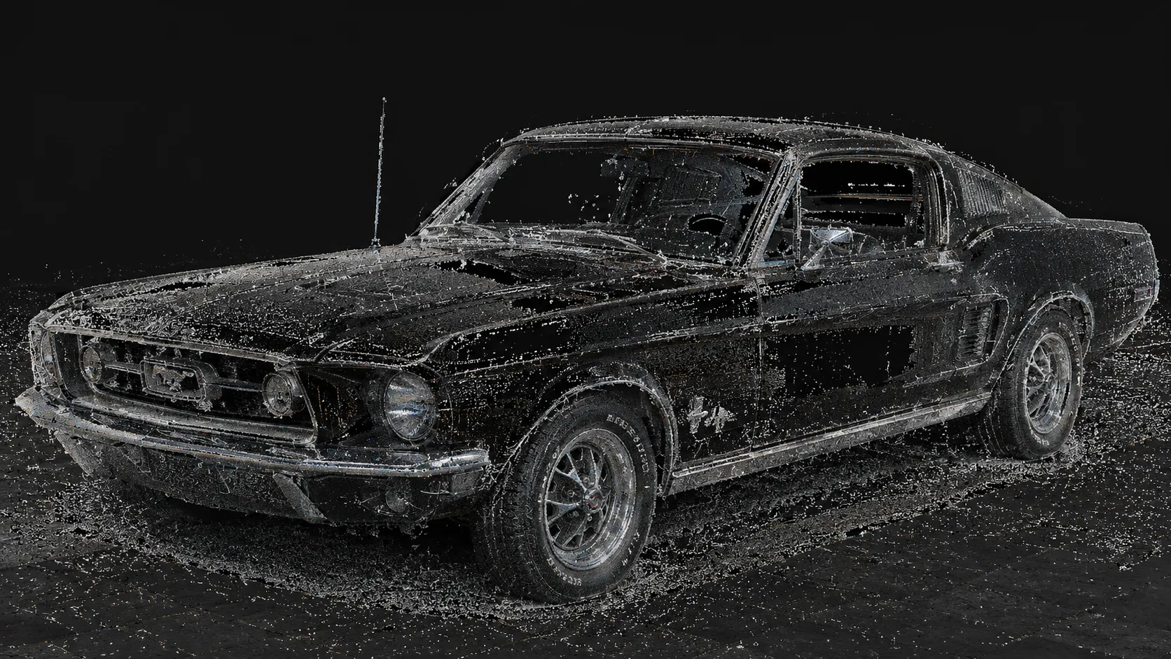 A raw point cloud from a 3D scan of a classic Ford Mustang — noisy, scattered points with no textures