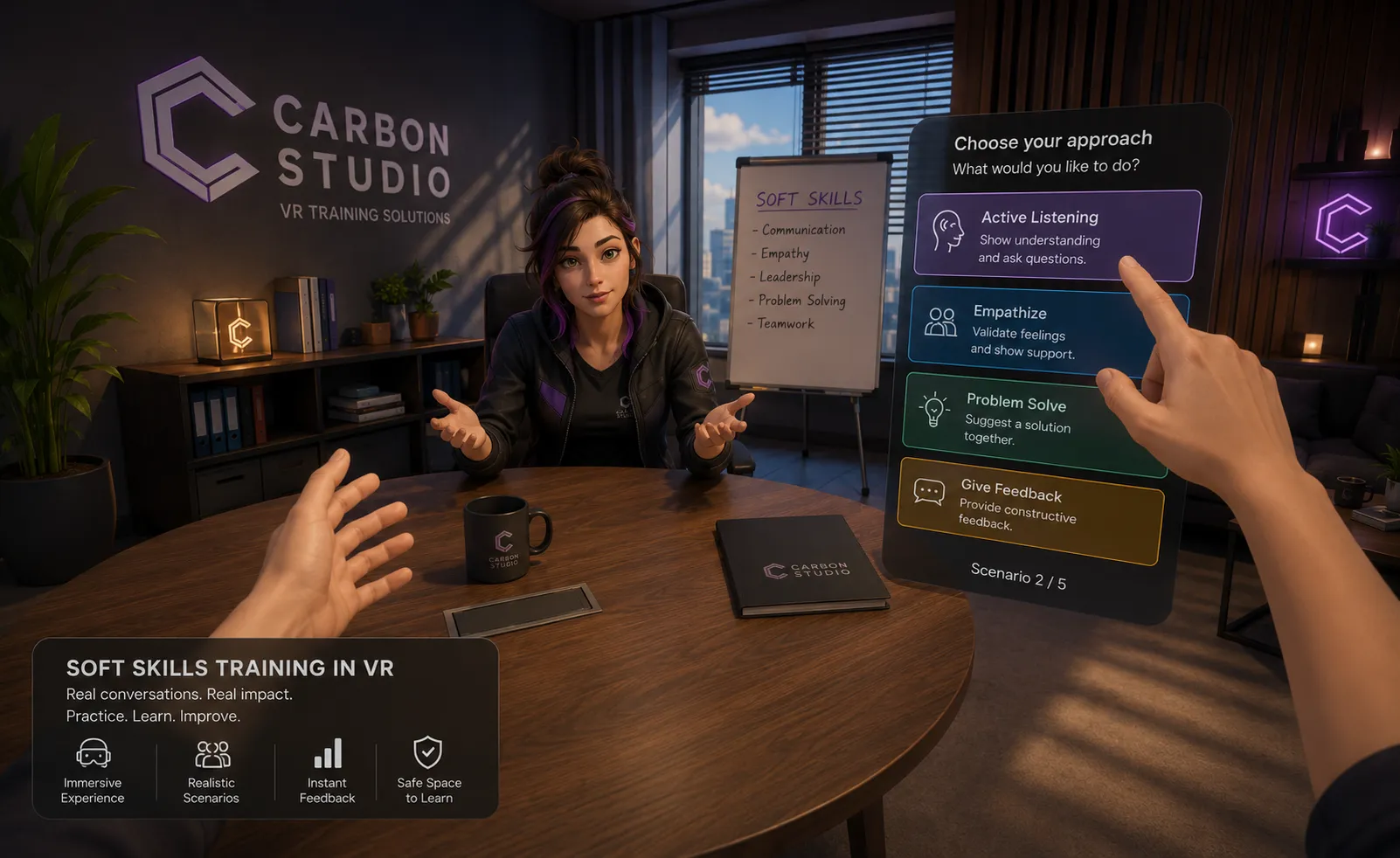 VR soft skills training — a participant holds a one-on-one conversation with a virtual character and chooses a response: active listening, empathy, problem solving or feedback
