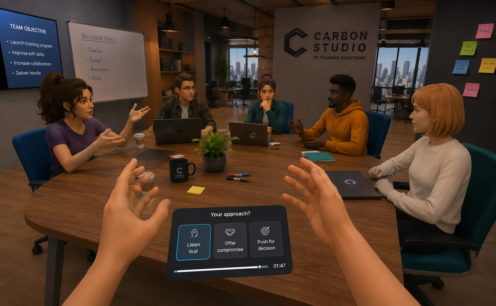 VR soft skills training — a multi-user session: the participant in a project meeting chooses how to handle a rising discussion: listen first, offer a compromise, or push for a decision
