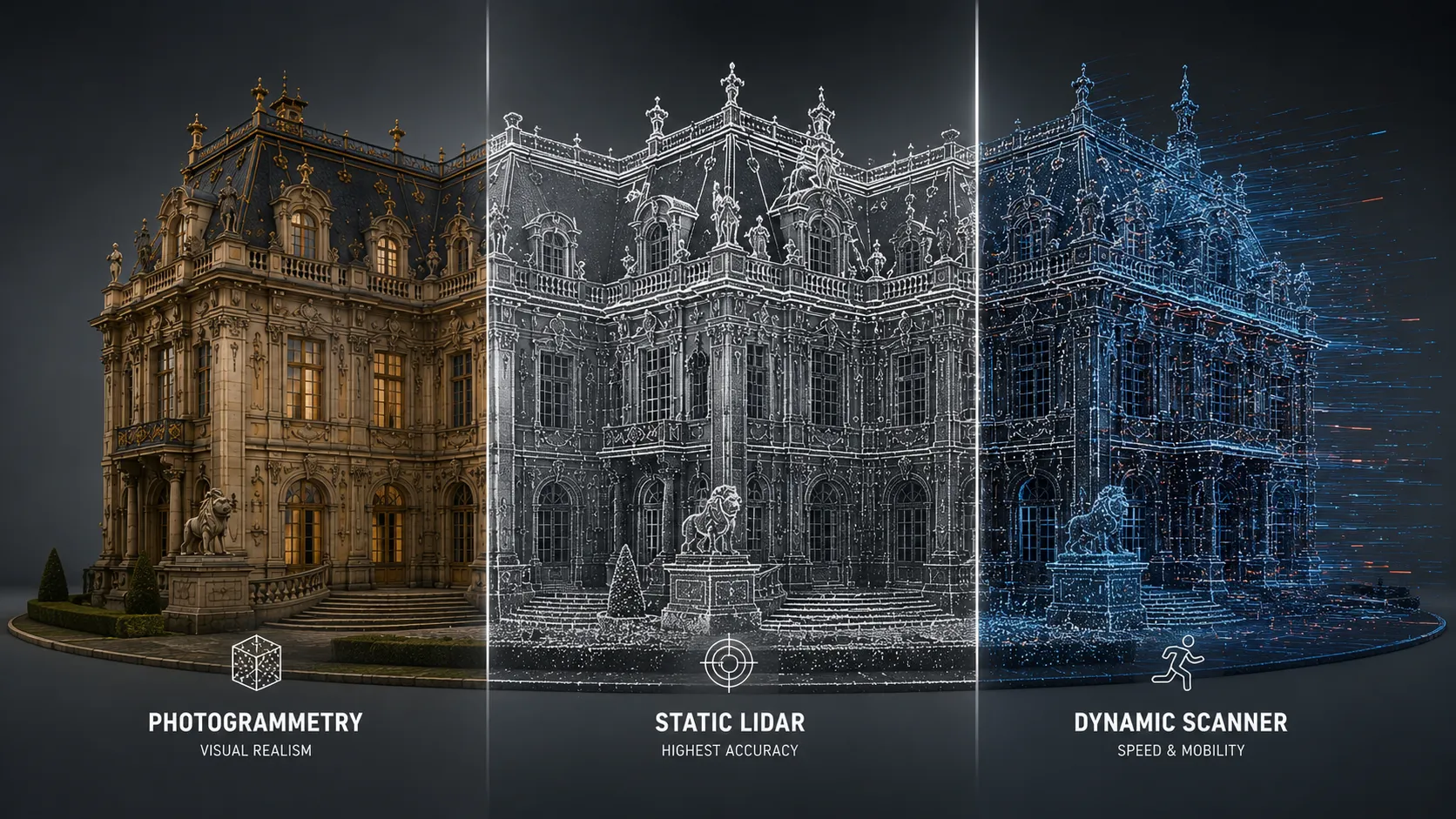 The same historic palace in three states of digitization side by side — realistic photogrammetry, the white wireframe of static LiDAR, and the blue point cloud of a dynamic scanner