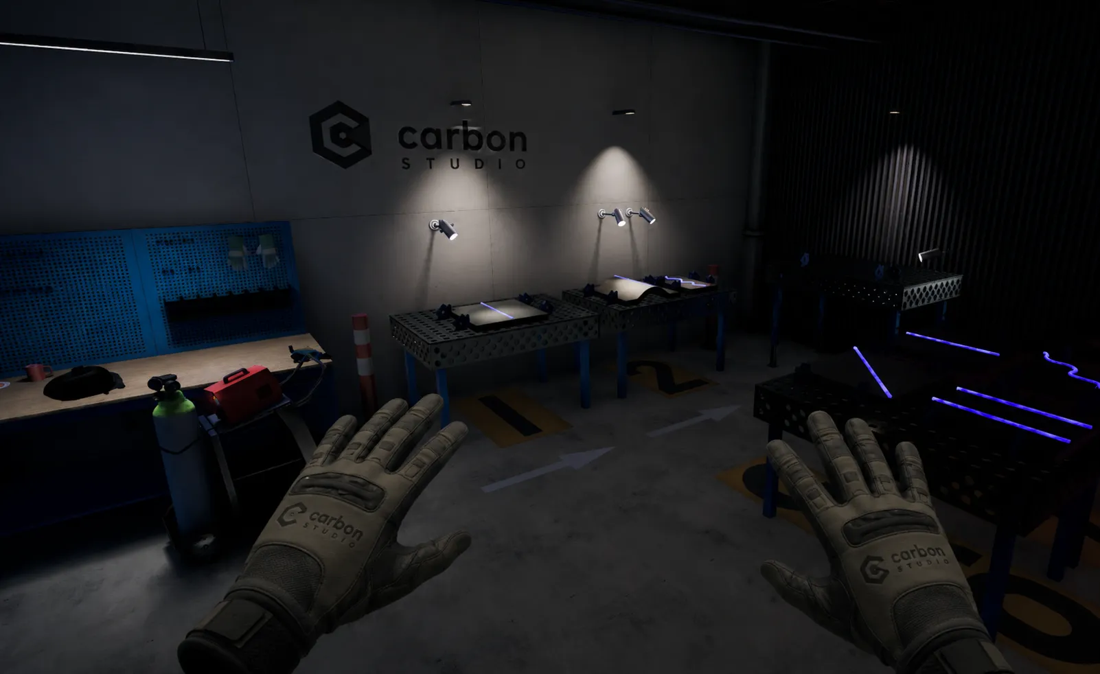 VR training for companies — first-person view of a participant in a virtual workshop with training stations, reproducing a real workplace